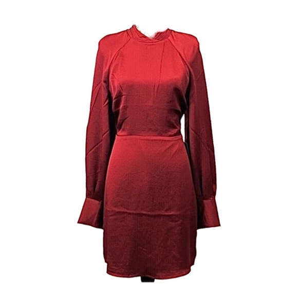 EXPRESS Burgundy Mock Neck textured satin look long Balloon Sleeve Dress size XS - Picture 2 of 10